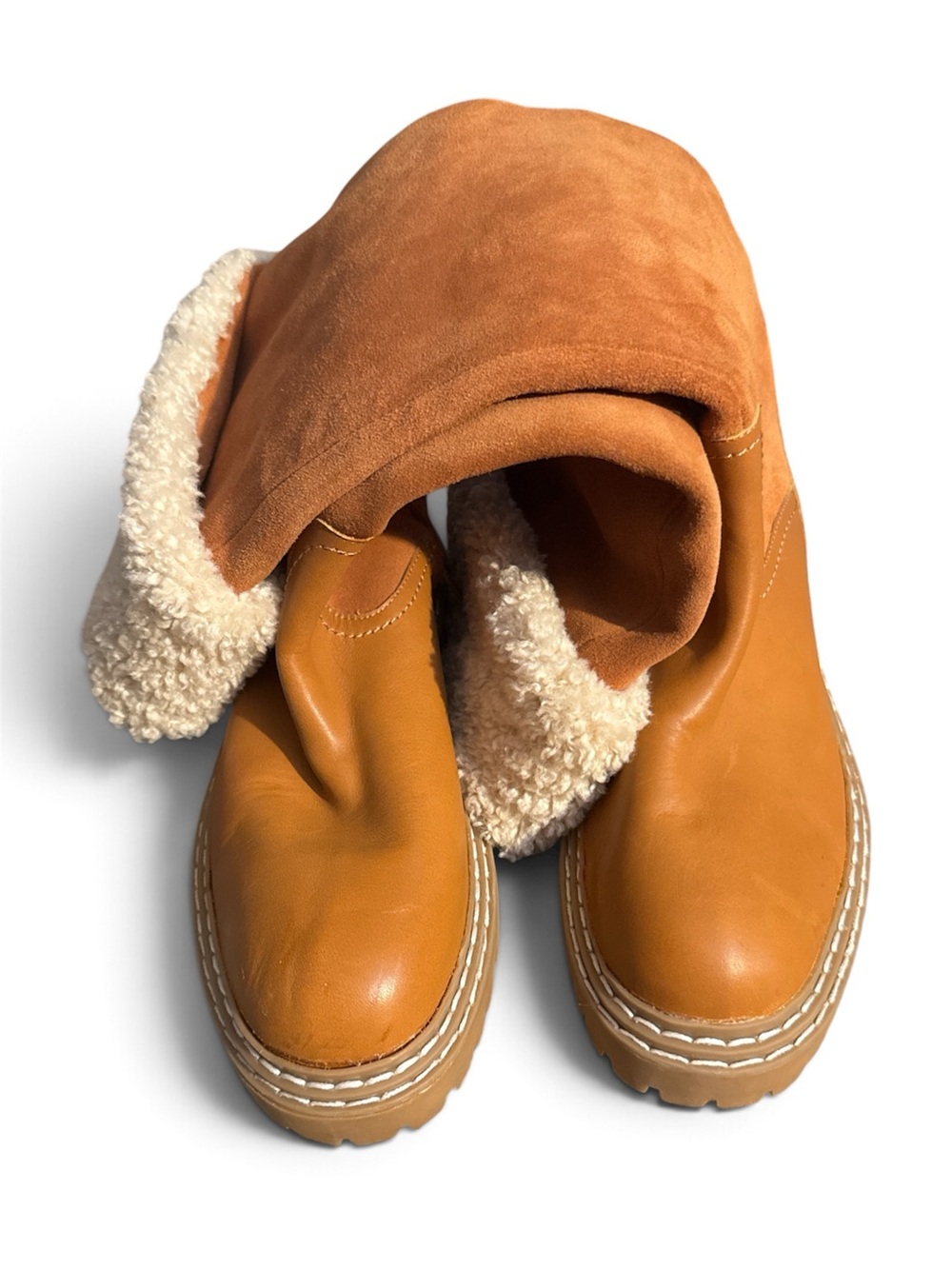 Splendid Antonia Leather Tall Boots Cognac Brown Faux Fur Size 10